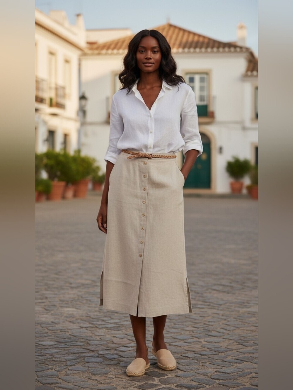 Jones New York 100% Linen Button-Front Midi Skirt | Beige | Size 14 | Coastal